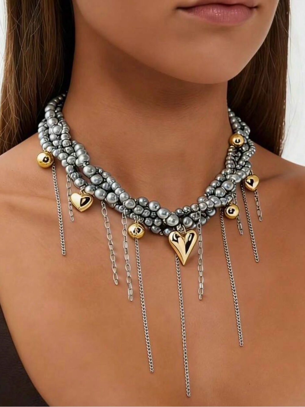 Two-Tone Gold & Silver Heart Fringe Necklace